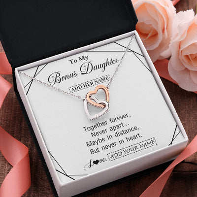 Interlocking Hearts Necklace Stainless Steel & Rose Gold Finish | 2 | Personalized To My Bonus Daughter Gifts From Stepmom Necklace Together Forever With Heartfelt Message Stepdaughter Birthday Christmas Gift Box Message Card | https://siriusteestore.