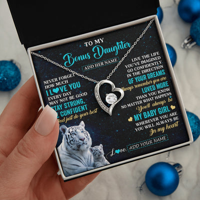 Forever Love Necklace 14K White Gold Finish | 2 | Personalized To My Bonus Daughter Gifts From Stepmom Necklace White Tiger Never Forget How Much I Love You Stepdaughter Birthday Gift Box Message Card | siriusteestore.myshopify