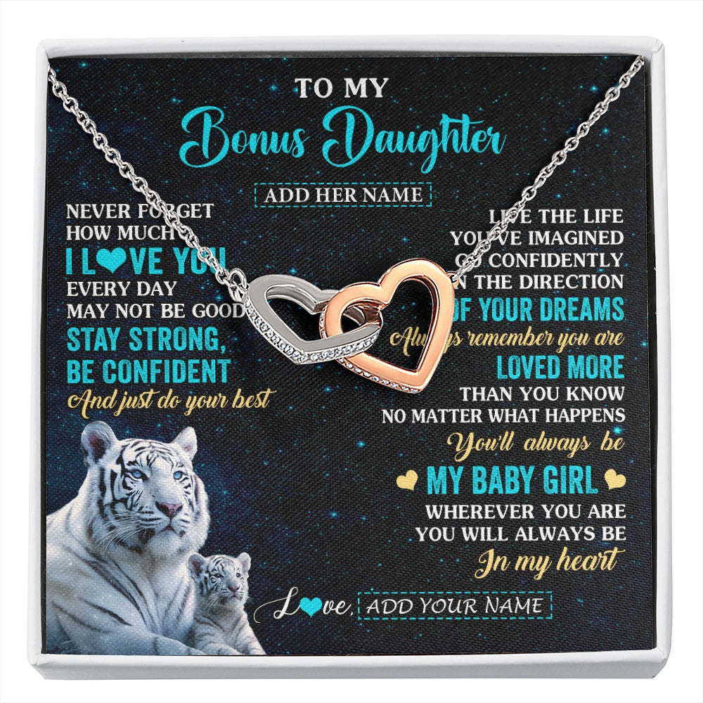 Interlocking Hearts Necklace Stainless Steel & Rose Gold Finish | 1 | Personalized To My Bonus Daughter Gifts From Stepmom Necklace White Tiger Never Forget How Much I Love You Stepdaughter Birthday Gift Box Message Card | siriusteestore.myshopify