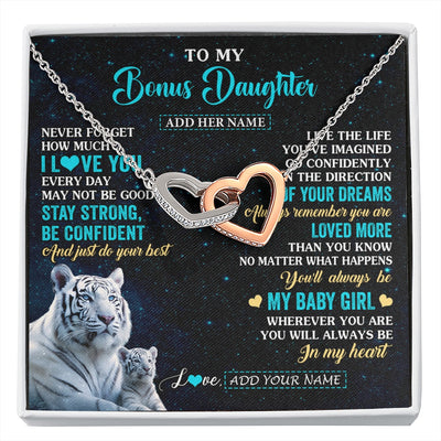Interlocking Hearts Necklace Stainless Steel & Rose Gold Finish | 1 | Personalized To My Bonus Daughter Gifts From Stepmom Necklace White Tiger Never Forget How Much I Love You Stepdaughter Birthday Gift Box Message Card | siriusteestore.myshopify