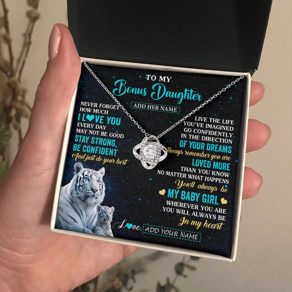 Love Knot Necklace 14K White Gold Finish | 2 | Personalized To My Bonus Daughter Gifts From Stepmom Necklace White Tiger Never Forget How Much I Love You Stepdaughter Birthday Gift Box Message Card | siriusteestore.myshopify