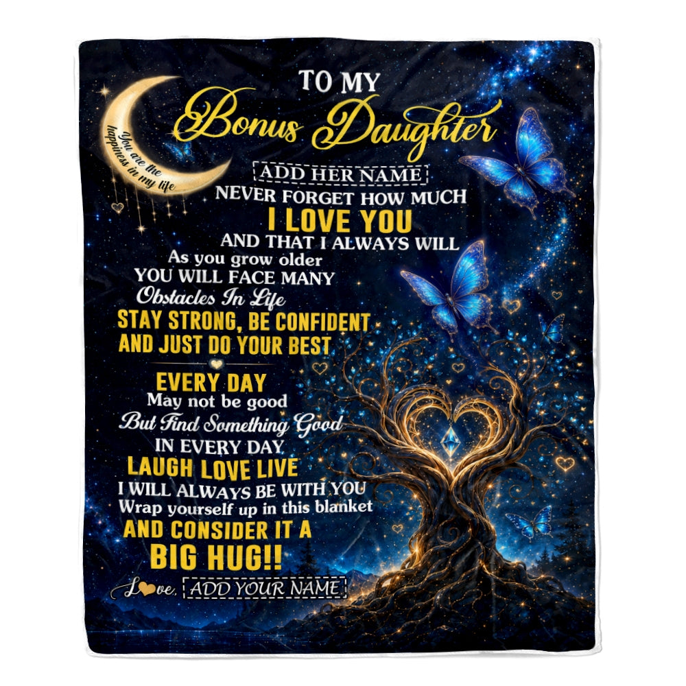 Personalized To My Bonus Daughter Gifts From Stepmom Stepdad Blanket Blue Galaxy Butterfly Moon Birthday Gifts For Stepdaughter Christmas Fleece Blanket | siriusteestore