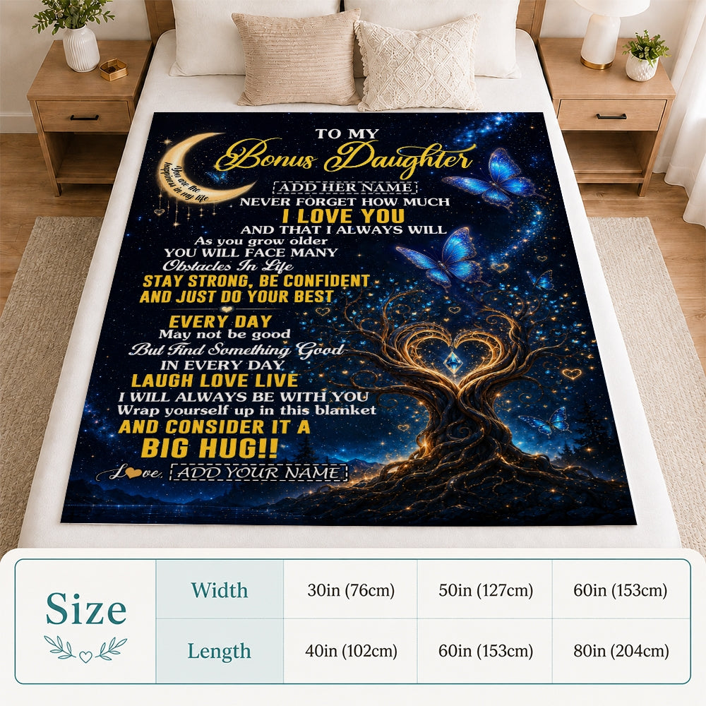 Personalized To My Bonus Daughter Gifts From Stepmom Stepdad Blanket Blue Galaxy Butterfly Moon Birthday Gifts For Stepdaughter Christmas Fleece Blanket | siriusteestore