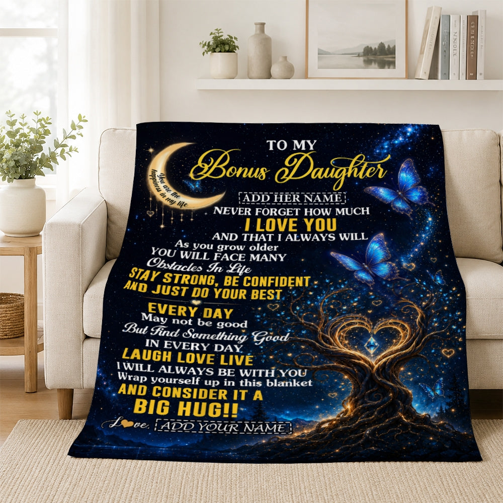 Personalized To My Bonus Daughter Gifts From Stepmom Stepdad Blanket Blue Galaxy Butterfly Moon Birthday Gifts For Stepdaughter Christmas Fleece Blanket | siriusteestore