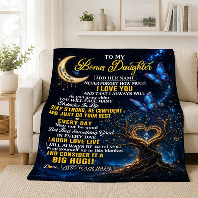 Personalized To My Bonus Daughter Gifts From Stepmom Stepdad Blanket Blue Galaxy Butterfly Moon Birthday Gifts For Stepdaughter Christmas Fleece Blanket | siriusteestore