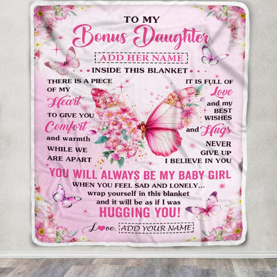 Personalized To My Bonus Daughter Gifts From Stepmom Stepdad Blanket Floral Butterfly Birthday Gifts For Stepdaughter Graduation Christmas Fleece Blanket | siriusteestore