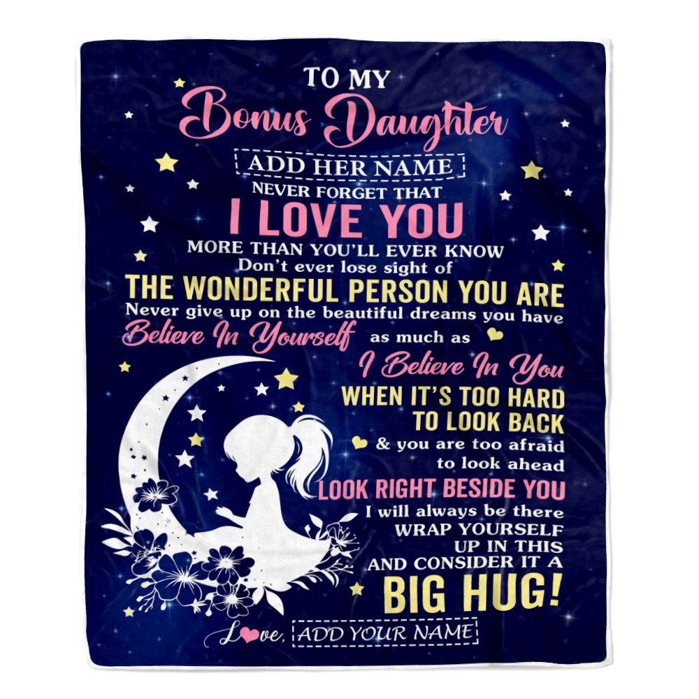 Personalized To My Bonus Daughter Gifts From Stepmom Stepdad Blanket Floral Moon Birthday Gifts For Stepdaughter Graduation Wedding Christmas Fleece Blanket | siriusteestore