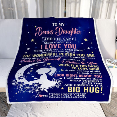 Personalized To My Bonus Daughter Gifts From Stepmom Stepdad Blanket Floral Moon Birthday Gifts For Stepdaughter Graduation Wedding Christmas Fleece Blanket | siriusteestore