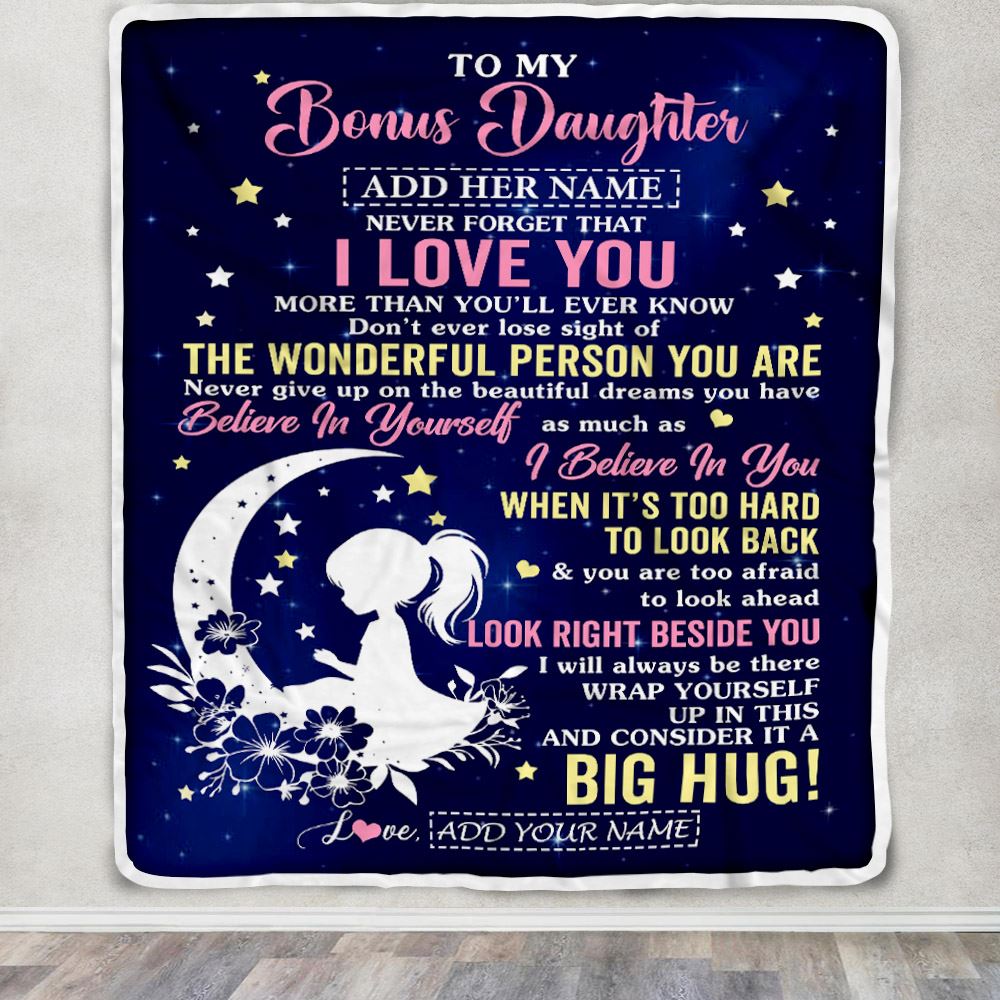 Personalized To My Bonus Daughter Gifts From Stepmom Stepdad Blanket Floral Moon Birthday Gifts For Stepdaughter Graduation Wedding Christmas Fleece Blanket | siriusteestore