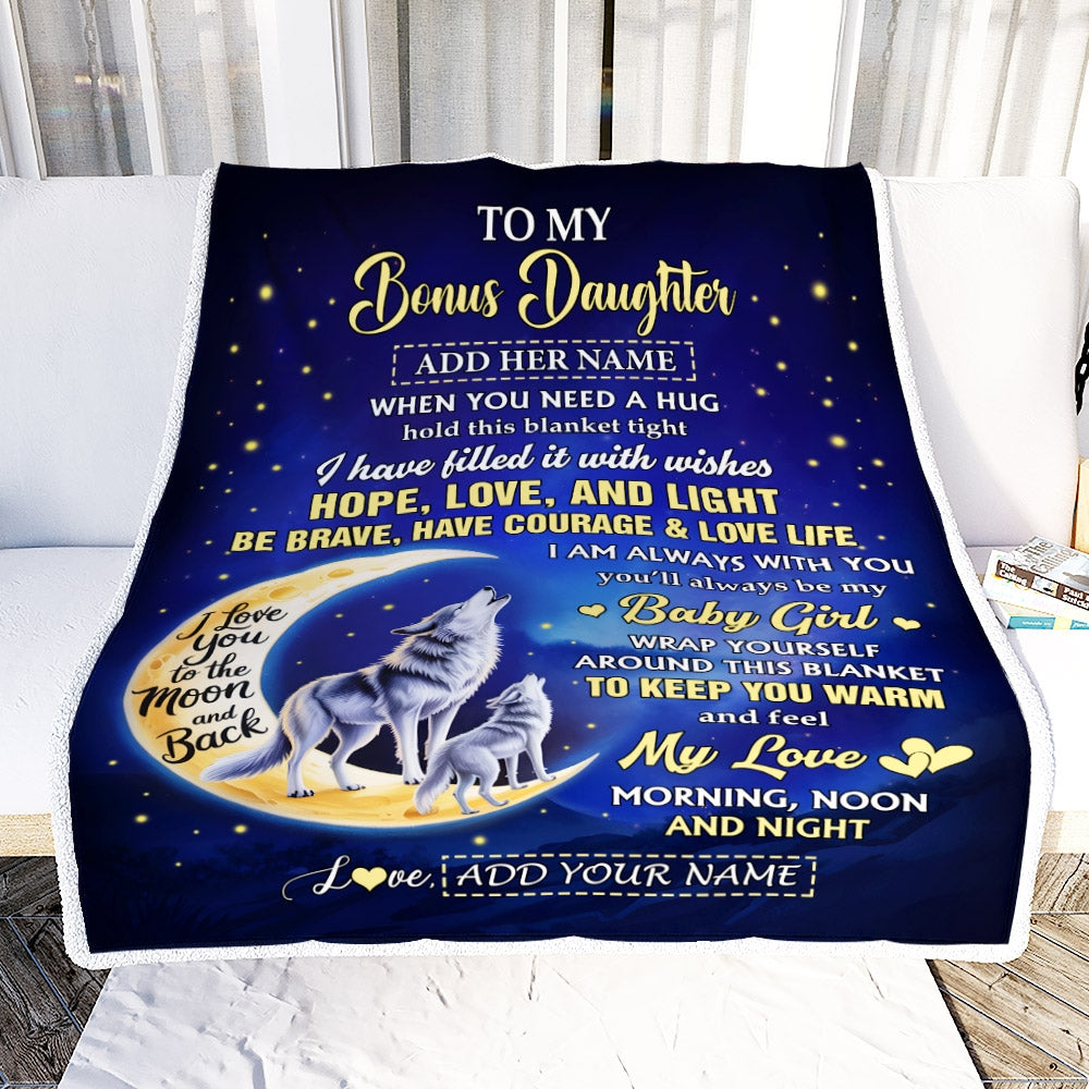 Personalized To My Bonus Daughter Gifts From Stepmom Stepdad Blanket I Love You Moon And Back Wolf Stepdaughter Birthday Gifts Christmas Custom Fleece Blanket | siriusteestore