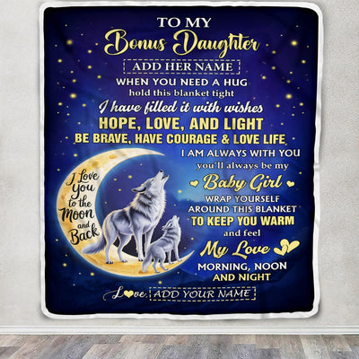 Personalized To My Bonus Daughter Gifts From Stepmom Stepdad Blanket I Love You Moon And Back Wolf Stepdaughter Birthday Gifts Christmas Custom Fleece Blanket | siriusteestore