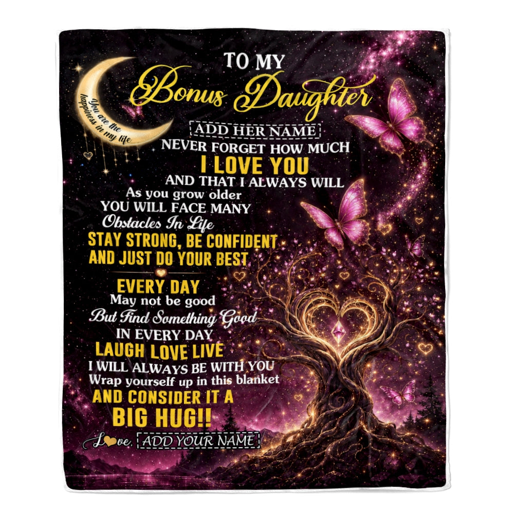 Personalized To My Bonus Daughter Gifts From Stepmom Stepdad Blanket Purple Galaxy Butterfly Moon Birthday Gifts For Stepdaughter Christmas Fleece Blanket | siriusteestore