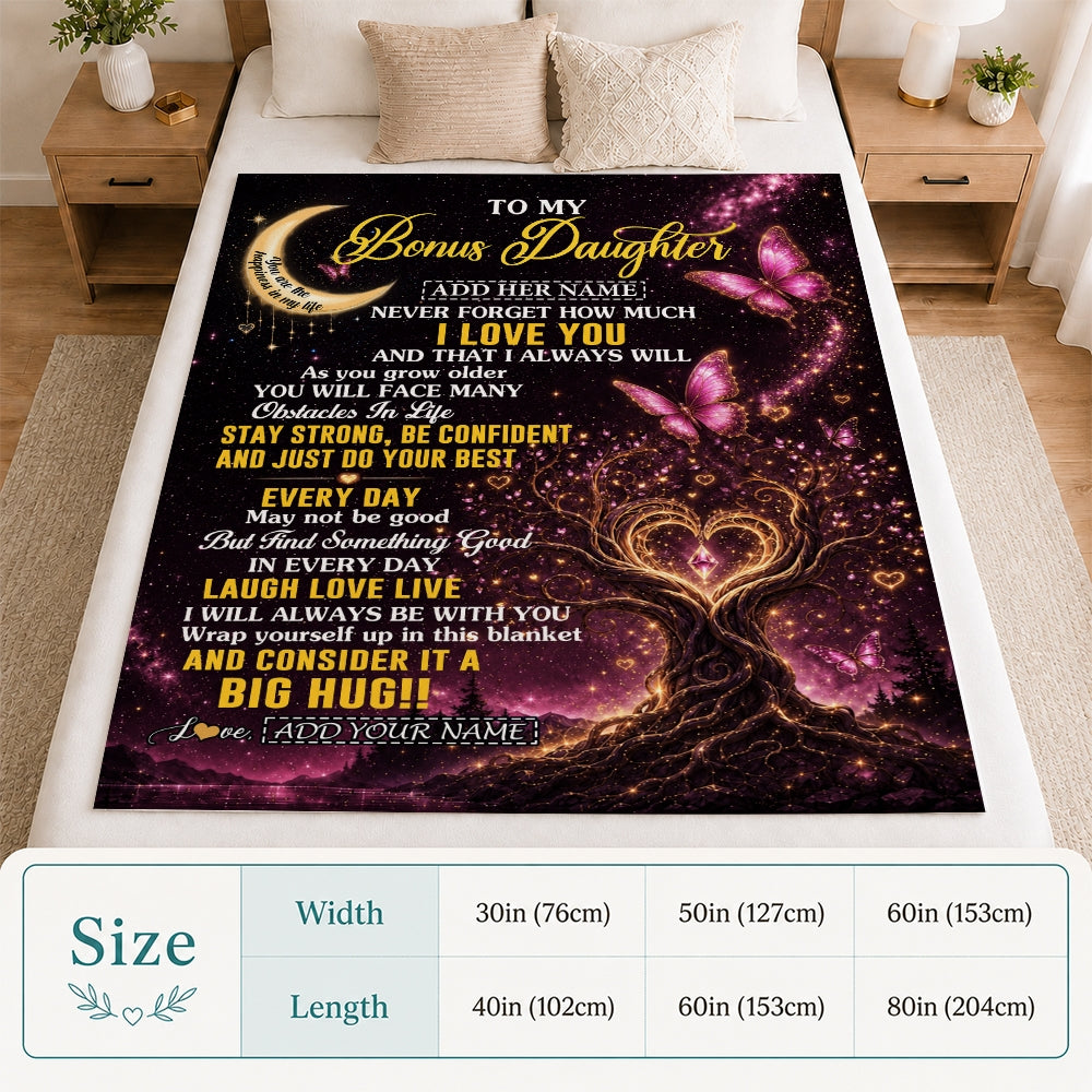 Personalized To My Bonus Daughter Gifts From Stepmom Stepdad Blanket Purple Galaxy Butterfly Moon Birthday Gifts For Stepdaughter Christmas Fleece Blanket | siriusteestore