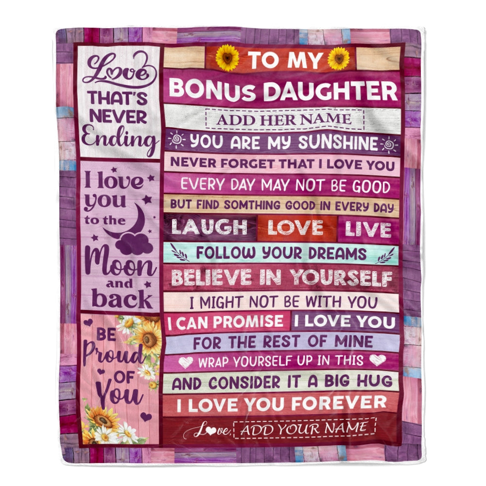 Personalized To My Bonus Daughter Gifts From Stepmom Stepdad Blanket Wood My Sunshine Birthday Gifts For Stepdaughter Valentines Christmas Fleece Blanket | siriusteestore