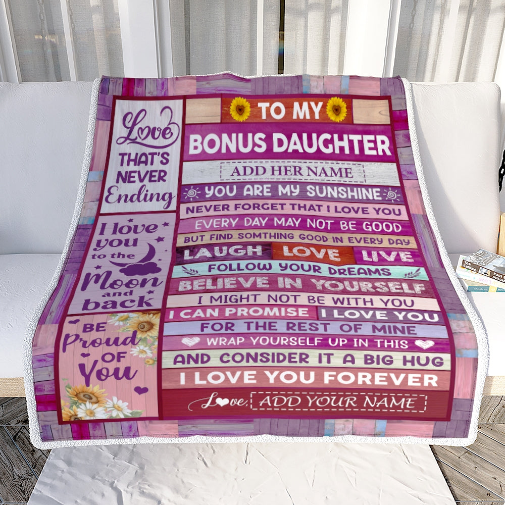 Personalized To My Bonus Daughter Gifts From Stepmom Stepdad Blanket Wood My Sunshine Birthday Gifts For Stepdaughter Valentines Christmas Fleece Blanket | siriusteestore
