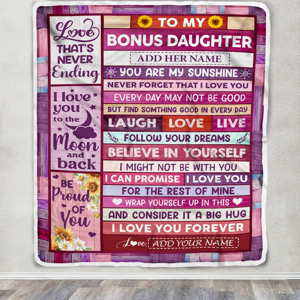 Personalized To My Bonus Daughter Gifts From Stepmom Stepdad Blanket Wood My Sunshine Birthday Gifts For Stepdaughter Valentines Christmas Fleece Blanket | siriusteestore