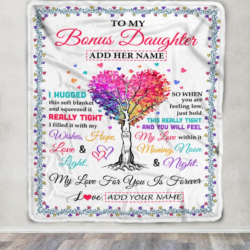 Personalized To My Bonus Daughter Gifts From Stepmom Stepdad Hugged Blanket Birthday Gifts For Stepdaughter Graduation Christmas Fleece Blanket | siriusteestore