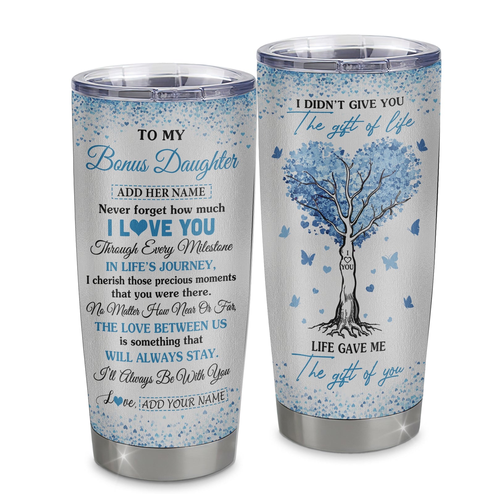 Personalized To My Bonus Daughter Gifts From Stepmom Stepdad Tumbler Blue Tree Butterfly Birthday Gifts For Stepdaughter Graduation Christmas Custom Cup Travel Mug | siriusteestore