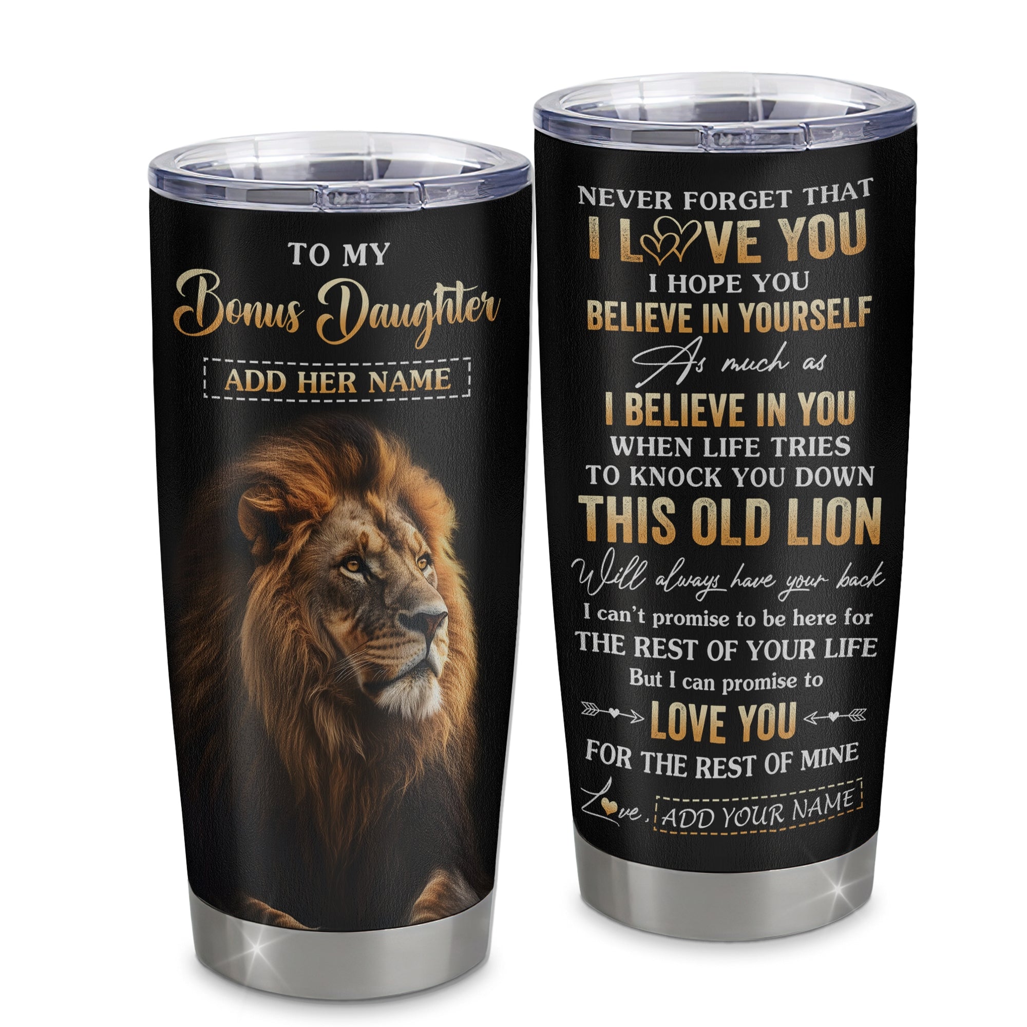 Personalized To My Bonus Daughter Gifts From Stepmom Stepdad Tumbler Old Lion Love You Stepdaughter Birthday Gifts Graduation Christmas Custom Cup Travel Mug | siriusteestore