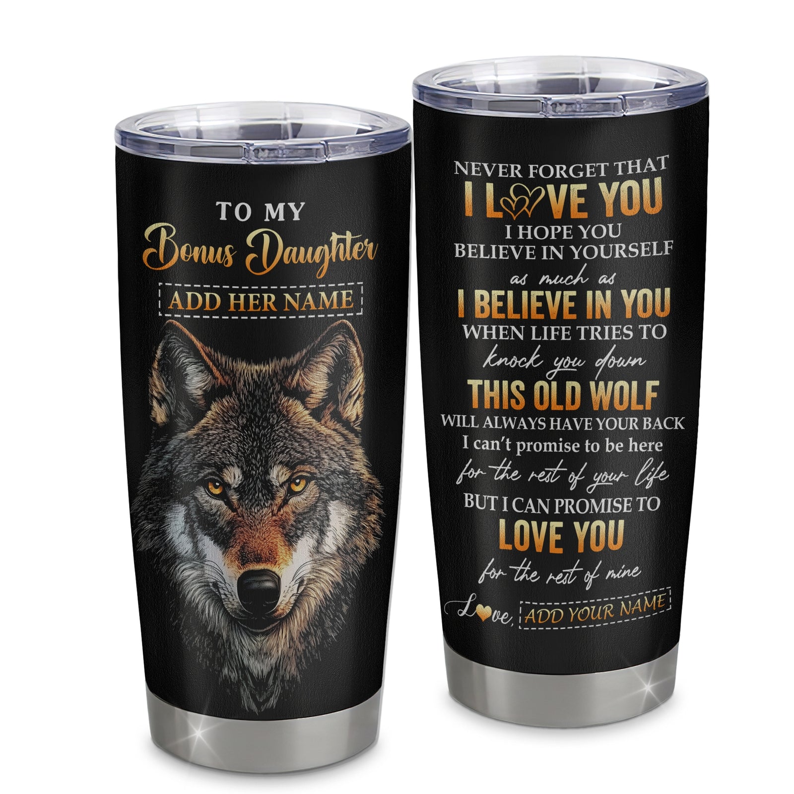 Personalized To My Bonus Daughter Gifts From Stepmom Stepdad Tumbler Old Wolf Love You Stepdaughter Birthday Gifts Graduation Christmas Custom Cup Travel Mug | siriusteestore