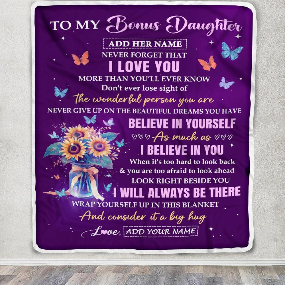 Personalized To My Bonus Daughter Gifts From Stepmother Blanket Inspirational Love Purple Sunflowers Birthday Gifts For Stepdaughter Christmas Fleece Blanket | siriusteestore