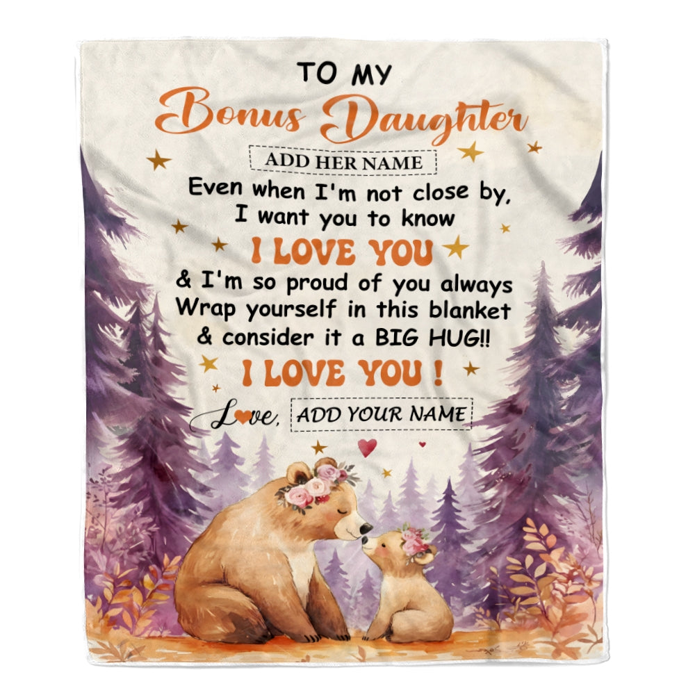 Personalized To My Bonus Daughter Gifts From Stepmother Blanket Kiss Bear I Love You Stepdaughter Birthday Gift Valentines Christmas Custom Fleece Blanket | siriusteestore