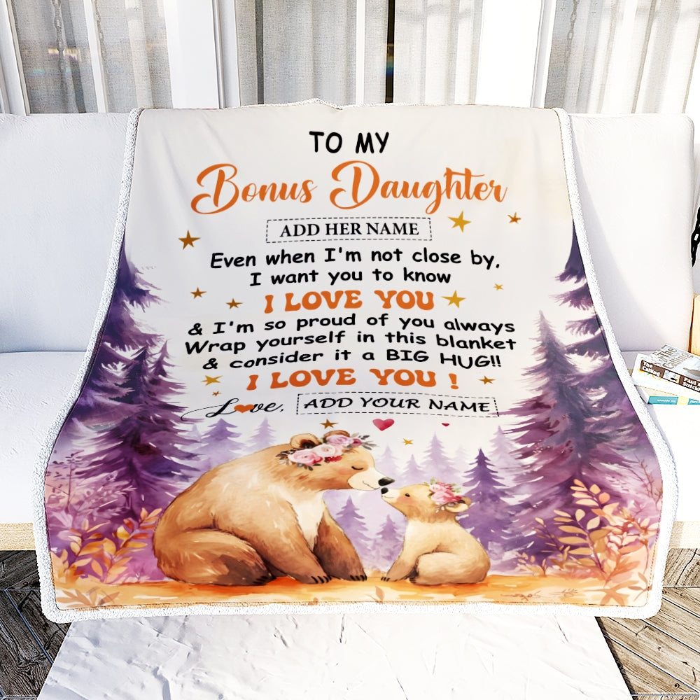 Personalized To My Bonus Daughter Gifts From Stepmother Blanket Kiss Bear I Love You Stepdaughter Birthday Gift Valentines Christmas Custom Fleece Blanket | siriusteestore