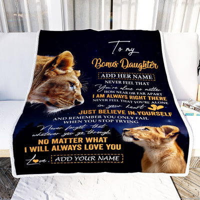 Personalized To My Bonus Daughter Gifts From Stepmother Blanket Lion Never Feel Alone Birthday Gifts Stepdaughter Valentines Christmas Custom Fleece Blanket | siriusteestore