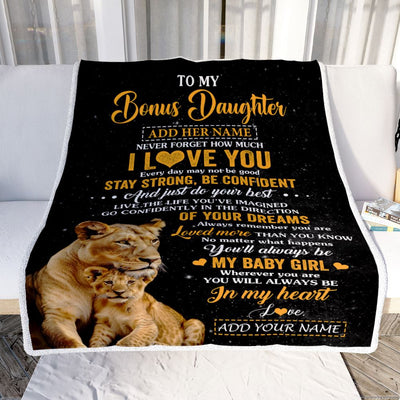 Personalized To My Bonus Daughter Gifts From Stepmother Blanket Lion Never Forget How Much I Love You Stepdaughter Birthday Gifts Christmas Fleece Blanket | siriusteestore