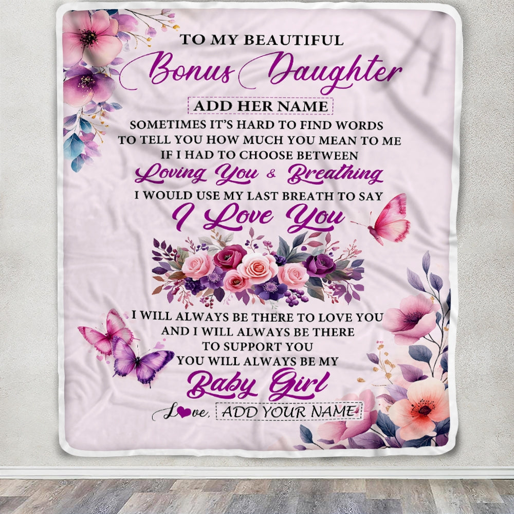 Personalized To My Bonus Daughter Gifts From Stepmother Blanket Purple Floral Loving You Birthday Gifts For Stepdaughter Christmas Custom Fleece Blanket Shirt & Hoodie | siriusteestore