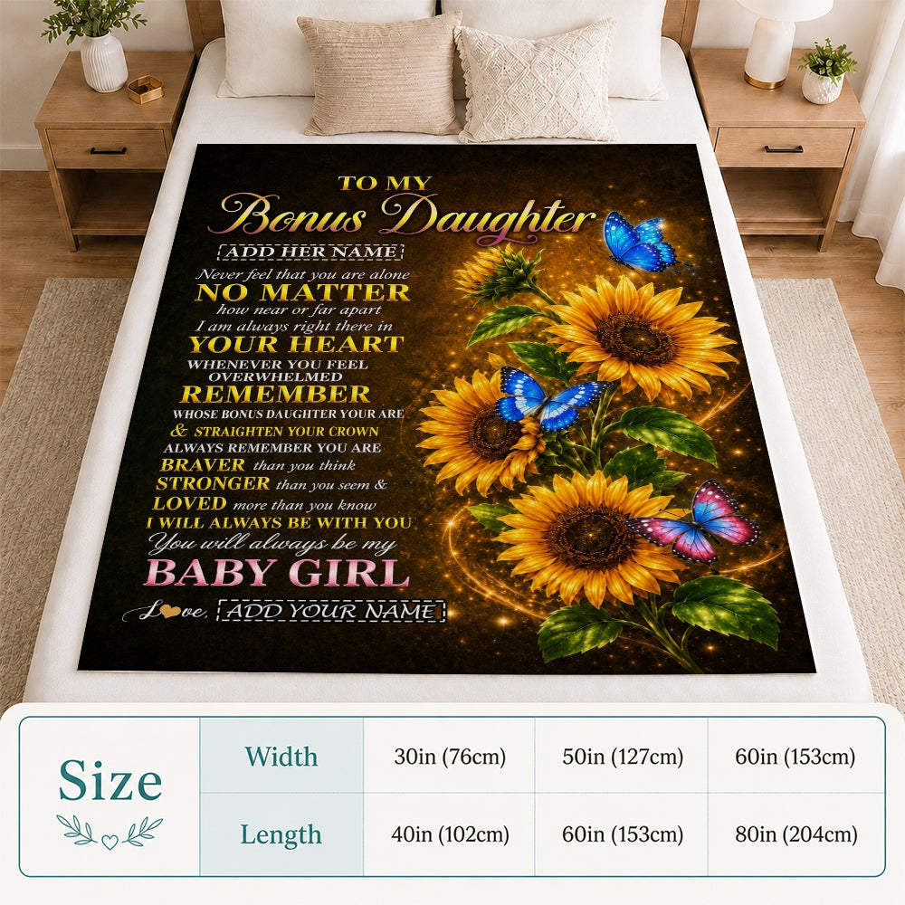 Personalized To My Bonus Daughter Gifts From Stepmother Blanket Sunflower Butterfly Inspirational Birthday Gift For Stepdaughter Christmas Fleece Blanket | siriusteestore