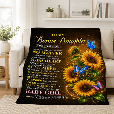 Personalized To My Bonus Daughter Gifts From Stepmother Blanket Sunflower Butterfly Inspirational Birthday Gift For Stepdaughter Christmas Fleece Blanket | siriusteestore