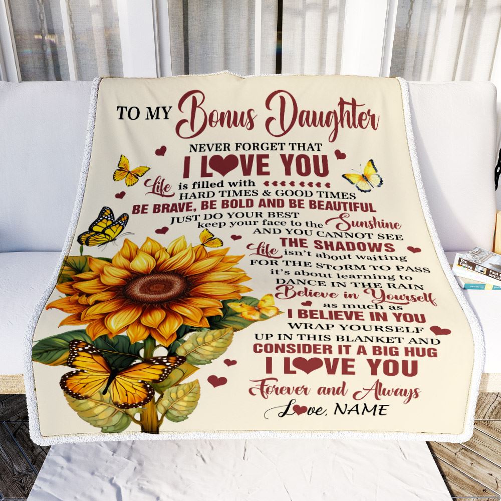 Personalized To My Bonus Daughter Gifts From Stepmother Blanket Sunflower I Love You Birthday Gifts For Stepdaughter Graduation Christmas Customized Fleece Blanket | siriusteestore