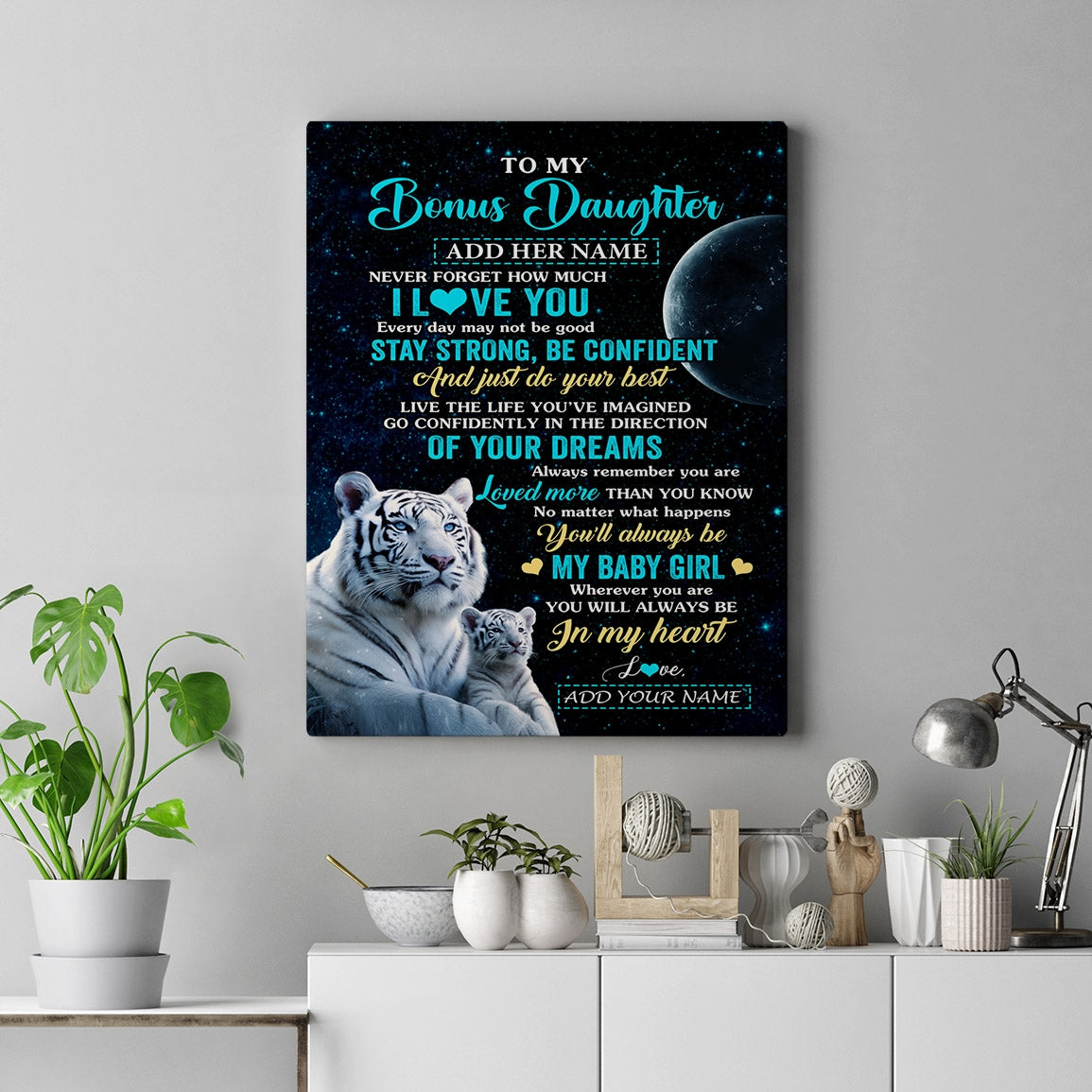 Personalized To My Bonus Daughter Gifts From Stepmother Canvas White Tiger Never Forget How Much I Love You Stepdaughter Birthday Christmas Custom Print Framed Canvas | siriusteestore