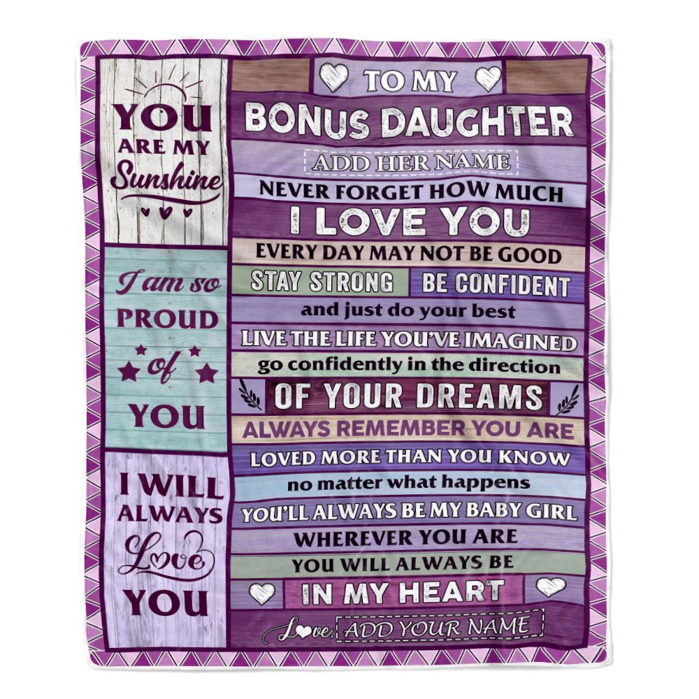 Personalized To My Bonus Daughter Gifts From Stepmother Dad Blanket Wood Purple Gifts Grown Stepdaughter Birthday Gifts Graduation Christmas Fleece Blanket | siriusteestore