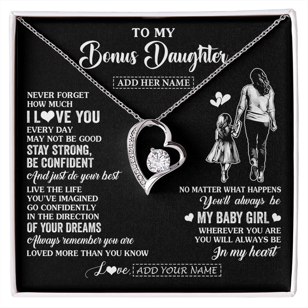 Forever Love Necklace 14K White Gold Finish | 1 | Personalized To My Bonus Daughter Gifts From Stepmother Necklace Never Forget How Much I Love You Stepdaughter Birthday Christmas Custom Gift Box Message Card | https://siriusteestore.