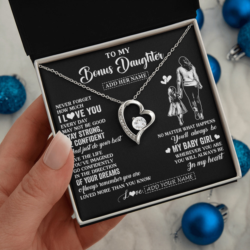 Forever Love Necklace 14K White Gold Finish | 2 | Personalized To My Bonus Daughter Gifts From Stepmother Necklace Never Forget How Much I Love You Stepdaughter Birthday Christmas Custom Gift Box Message Card | https://siriusteestore.