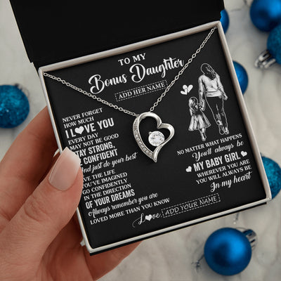 Forever Love Necklace 14K White Gold Finish | 2 | Personalized To My Bonus Daughter Gifts From Stepmother Necklace Never Forget How Much I Love You Stepdaughter Birthday Christmas Custom Gift Box Message Card | https://siriusteestore.
