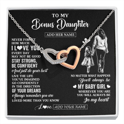Interlocking Hearts Necklace Stainless Steel & Rose Gold Finish | 1 | Personalized To My Bonus Daughter Gifts From Stepmother Necklace Never Forget How Much I Love You Stepdaughter Birthday Christmas Custom Gift Box Message Card | https://siriusteestore.