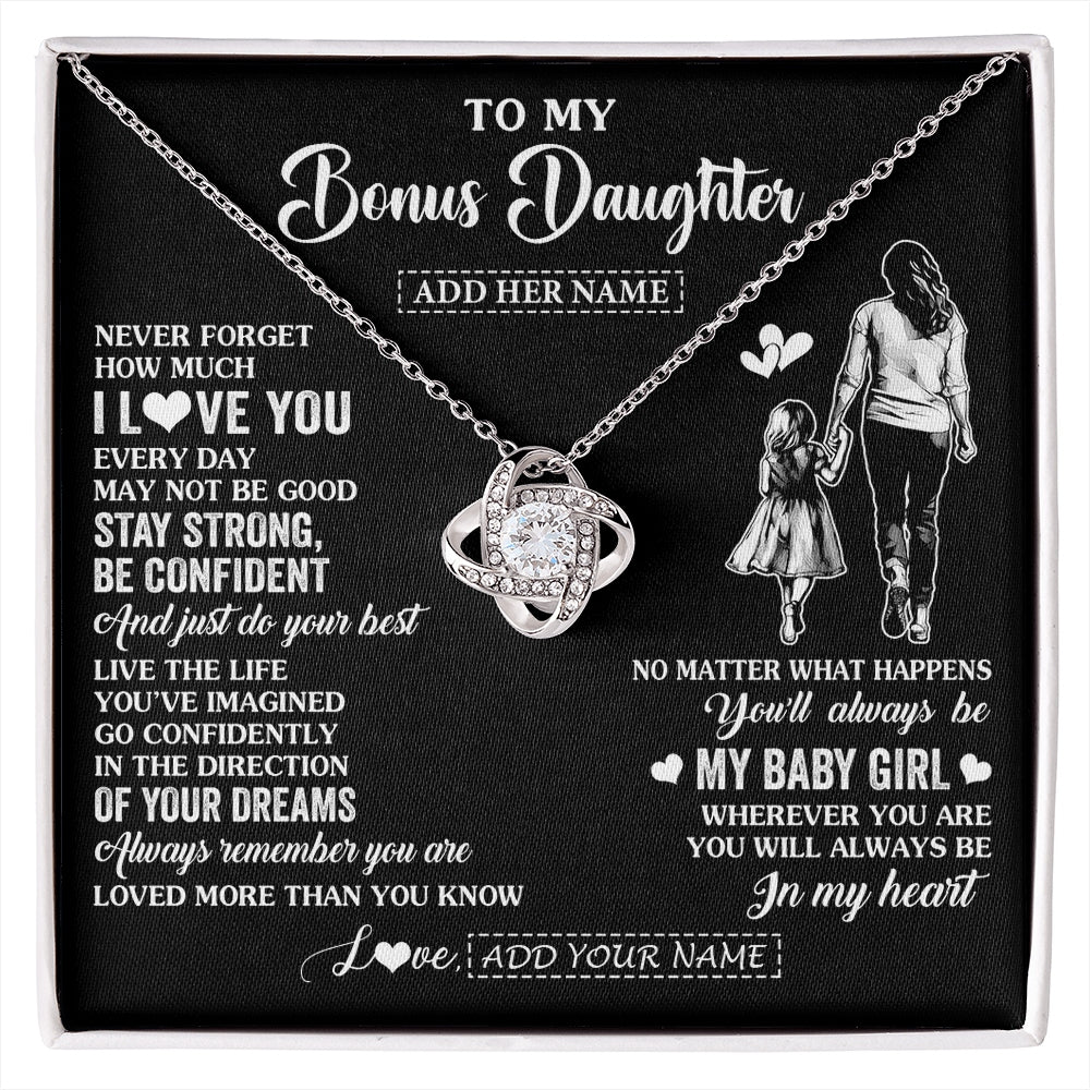 Love Knot Necklace 14K White Gold Finish | 1 | Personalized To My Bonus Daughter Gifts From Stepmother Necklace Never Forget How Much I Love You Stepdaughter Birthday Christmas Custom Gift Box Message Card | https://siriusteestore.