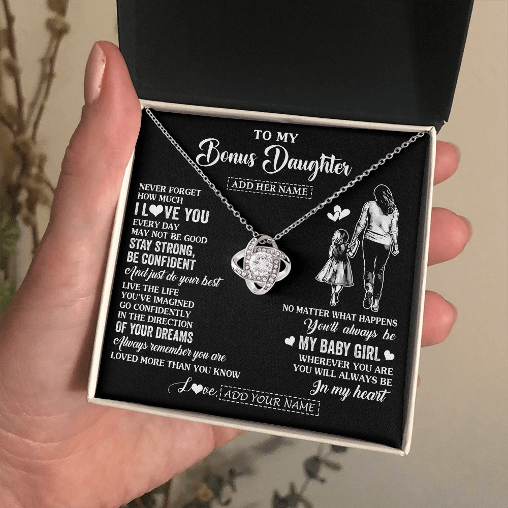 Love Knot Necklace 14K White Gold Finish | 2 | Personalized To My Bonus Daughter Gifts From Stepmother Necklace Never Forget How Much I Love You Stepdaughter Birthday Christmas Custom Gift Box Message Card | https://siriusteestore.