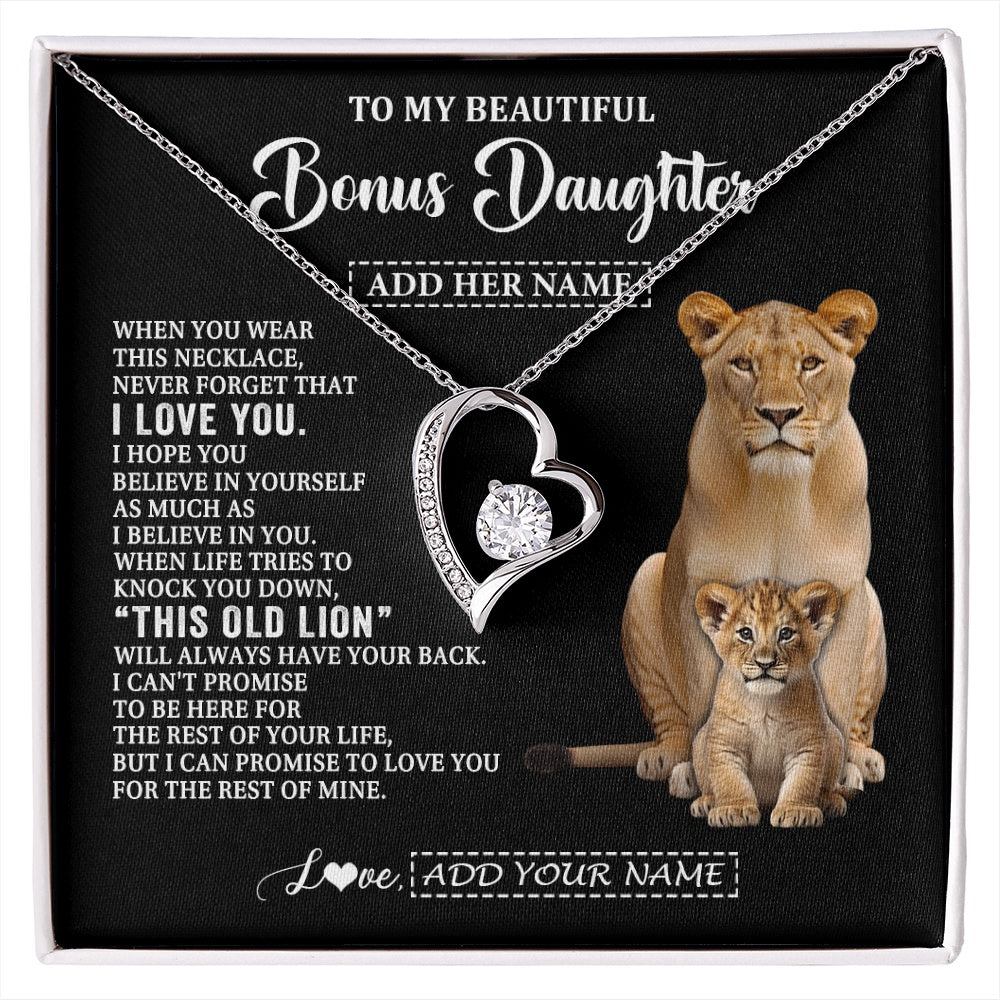 Forever Love Necklace 14K White Gold Finish | 1 | Personalized To My Bonus Daughter Gifts From Stepmother Necklace This Old Lion Love You Stepdaughter Birthday Gifts Graduation Christmas Gift Box Message Card | https://siriusteestore.