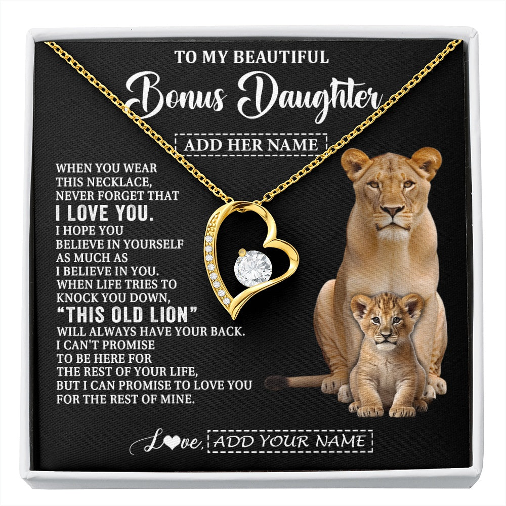 Forever Love Necklace 18K Yellow Gold Finish | 1 | Personalized To My Bonus Daughter Gifts From Stepmother Necklace This Old Lion Love You Stepdaughter Birthday Gifts Graduation Christmas Gift Box Message Card | https://siriusteestore.