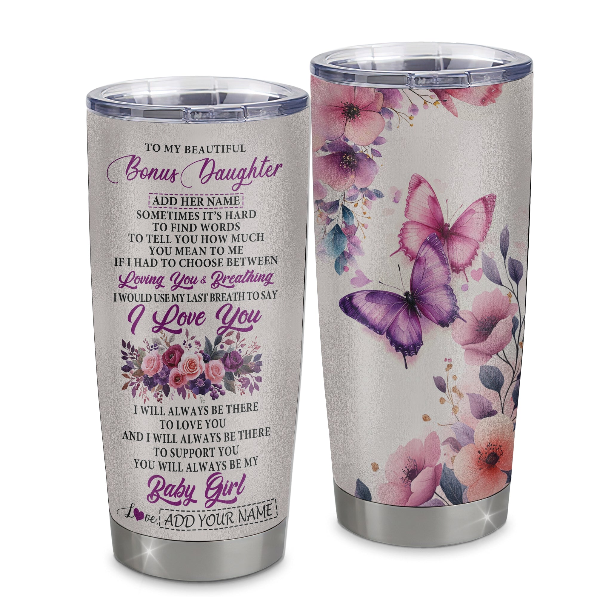 Personalized To My Bonus Daughter Gifts From Stepmother Tumbler Purple Floral Loving You Birthday Gifts For Stepdaughter Christmas Custom Stainless Steel Travel Mug Shirt & Hoodie | siriusteestore