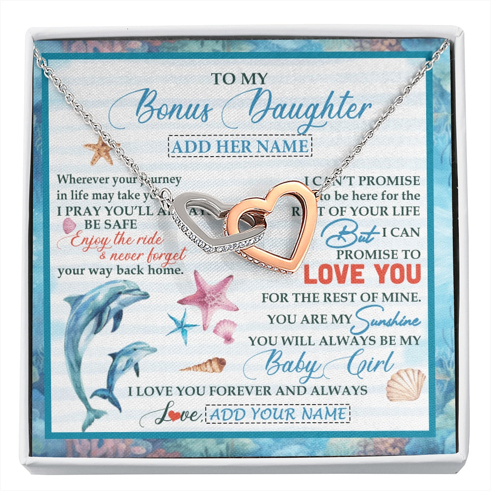 Interlocking Hearts Necklace Stainless Steel & Rose Gold Finish | 1 | Personalized To My Bonus Daughter Gifts Necklace Dolphin From Stepmom My Sunshine For Jewelry Stepddaughter Birthday Gift Christmas Gift Box Message Card | https://siriusteestore.