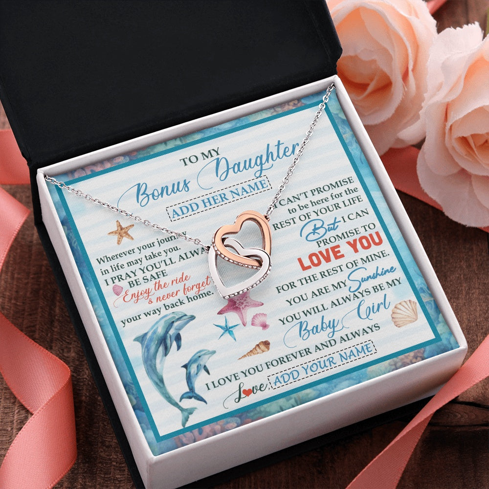 Interlocking Hearts Necklace Stainless Steel & Rose Gold Finish | 2 | Personalized To My Bonus Daughter Gifts Necklace Dolphin From Stepmom My Sunshine For Jewelry Stepddaughter Birthday Gift Christmas Gift Box Message Card | https://siriusteestore.