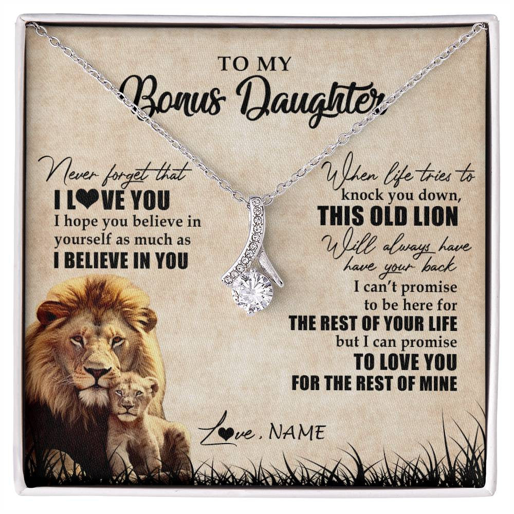 Alluring Beauty Necklace 14K White Gold Finish | Personalized To My Bonus Daughter Gifts Necklace From Bonus Dad Old Lion Stepdaughter Jewelry Birthday Graduation Christmas Customized Gift Box Message Card | siriusteestore