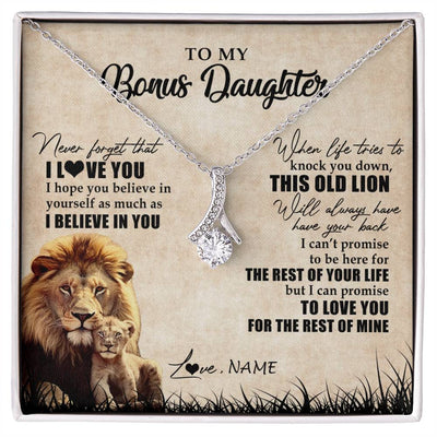 Alluring Beauty Necklace 14K White Gold Finish | Personalized To My Bonus Daughter Gifts Necklace From Bonus Dad Old Lion Stepdaughter Jewelry Birthday Graduation Christmas Customized Gift Box Message Card | siriusteestore
