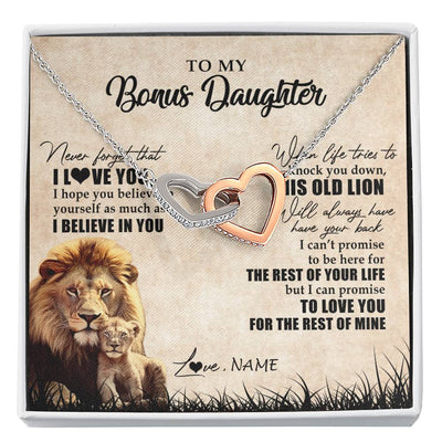 Interlocking Hearts Necklace Stainless Steel & Rose Gold Finish | Personalized To My Bonus Daughter Gifts Necklace From Bonus Dad Old Lion Stepdaughter Jewelry Birthday Graduation Christmas Customized Gift Box Message Card | siriusteestore