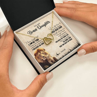 Interlocking Hearts Necklace 18K Yellow Gold Finish | Personalized To My Bonus Daughter Gifts Necklace From Bonus Dad Old Lion Stepdaughter Jewelry Birthday Graduation Christmas Customized Gift Box Message Card | siriusteestore